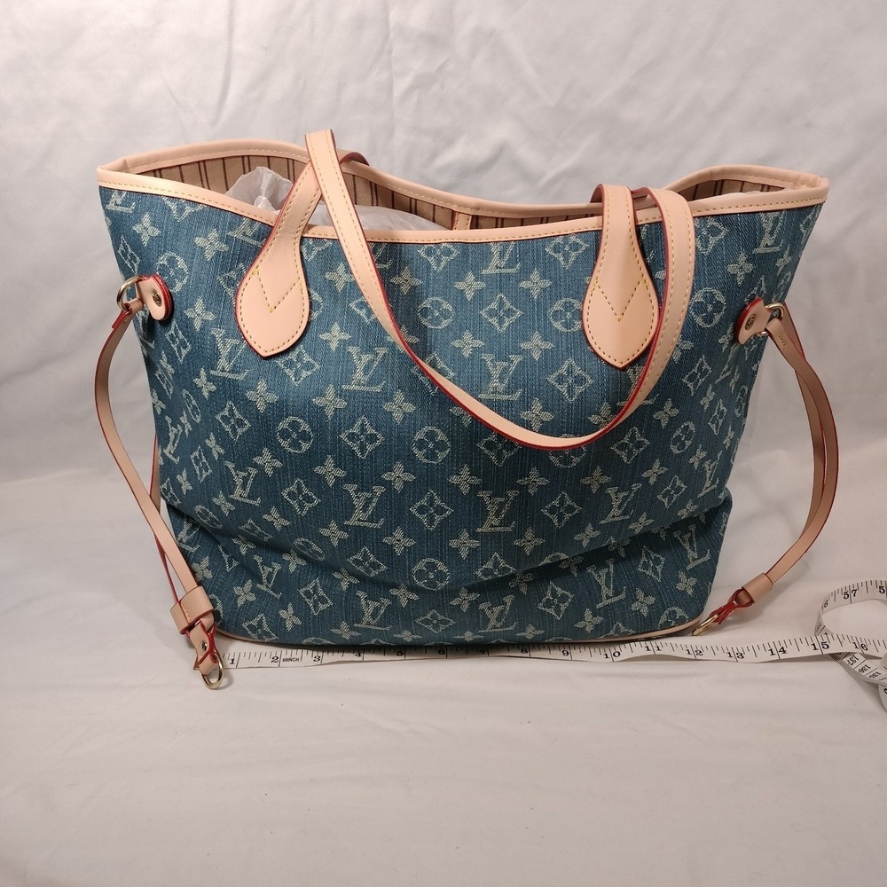 Luxury French Dupe Tote Bag; Denim Exterior w/Detachable Pouch - Picture 4 of 10